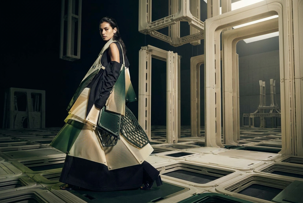 Concept visualization of a sculptural modular DYBARRA look in motion